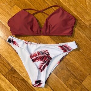 Burgundy Plain top, Leaf print bottom, SHEIN swimsuit